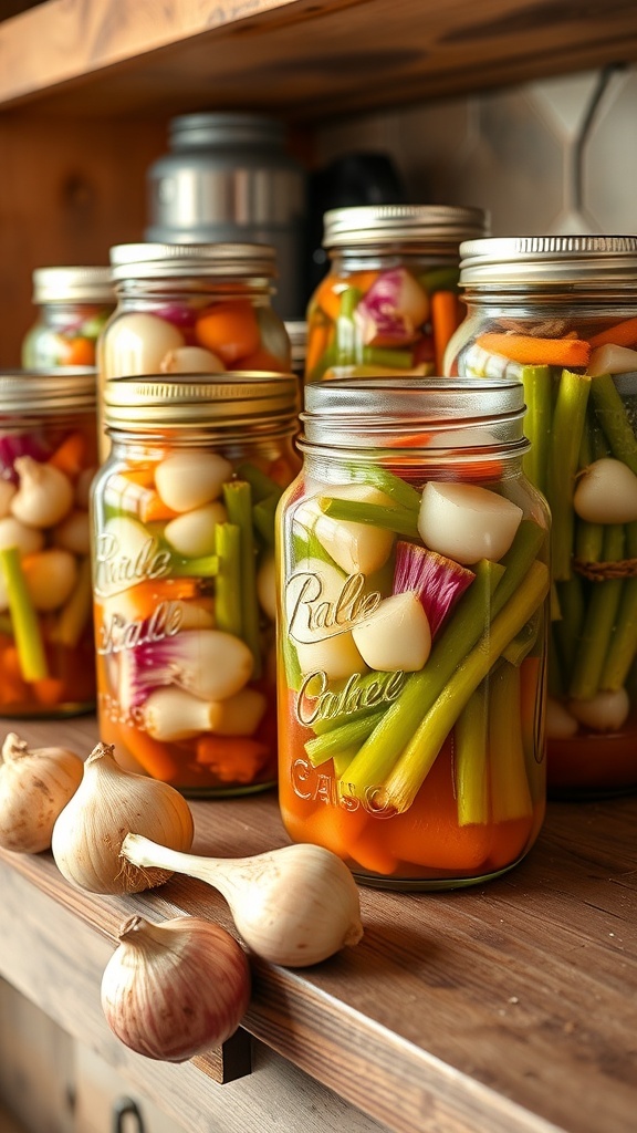 Jars of canned onions on a wooden shelf with fresh onions in the foreground.